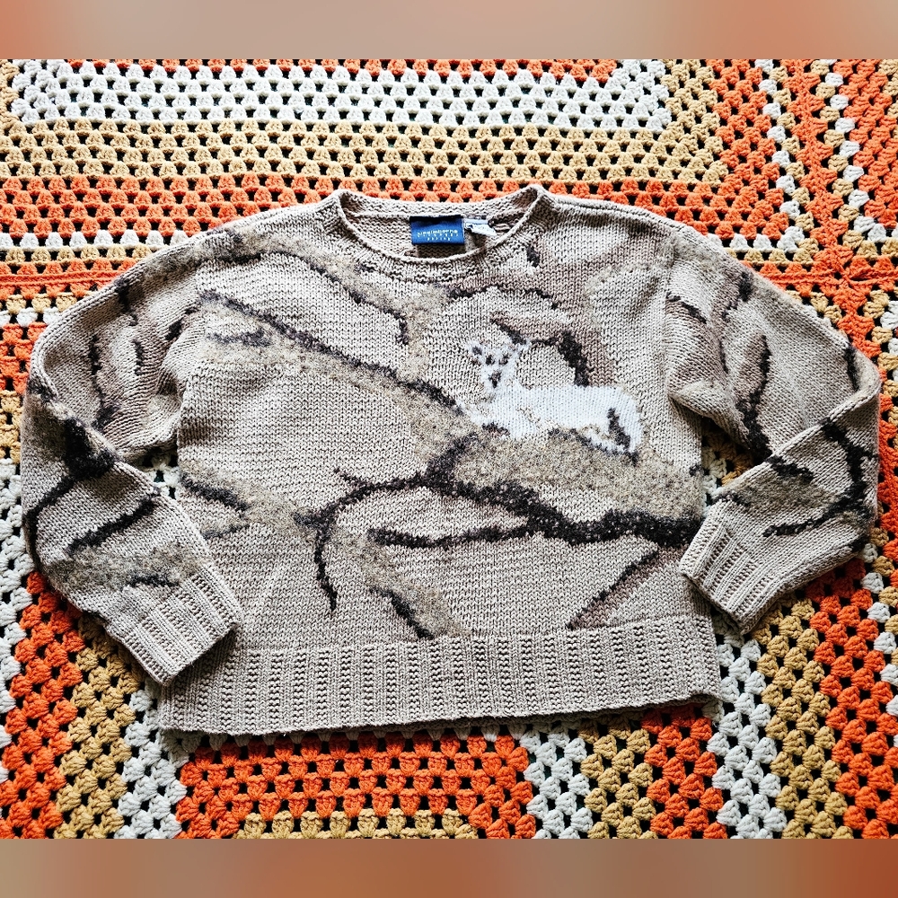 Vintage Animal Landscape Cute Nature Knit Beige Taupe Cropped Petite Sweater